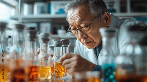 A dedicated scientist intently studies a variety of colorful chemical solutions, representing the commitment to discovery and understanding in the field of science and research. photo