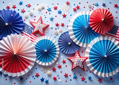 Patriotic USA Holiday Flat Lay: Red, White & Blue Fans, Stars Confetti Banner