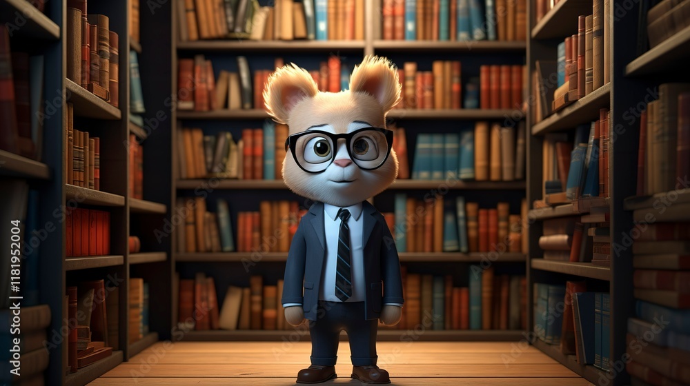 A photo of a 3D character in a law library with shelve A photo of a 3D character in a law library with shelve