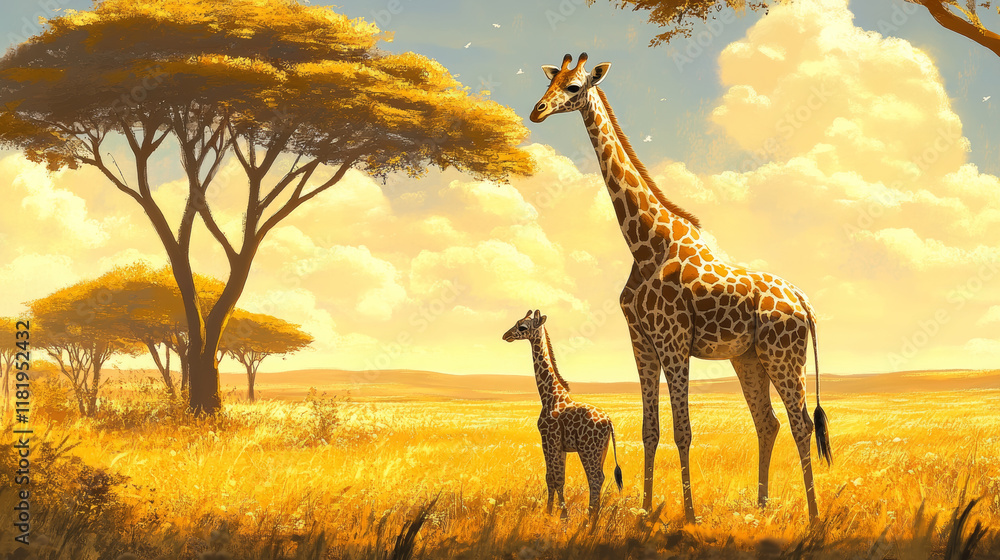 Obraz premium giraffe calf stands beside its mother in golden savanna landscape, surrounded by acacia trees and vibrant sky. scene captures beauty of wildlife and nature