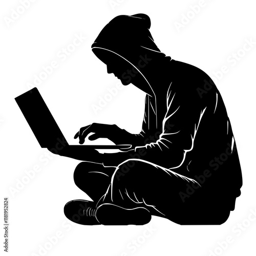 Hacker working on laptop, cyber criminal 
