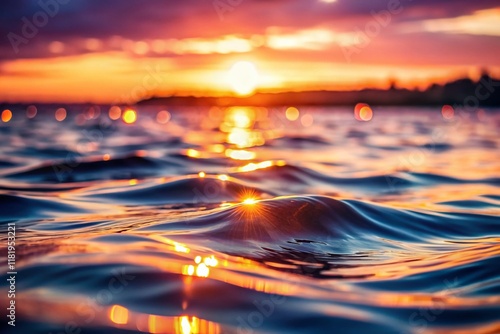 Peach Sunset Water Ripples, Soft Bokeh, Glowing Reflections, Calm Nature Scene