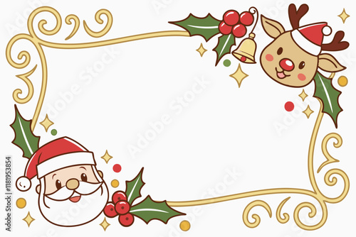 Christmas frame, golden ornate border, jingle bells, holly leaves, Santa Claus cartoon, reindeer cartoon, party horns, confetti, red bow, festive decorations, white background, cheerful holiday charac
