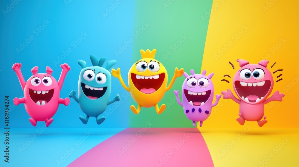 Fototapeta premium Colorful Cartoon Characters Jumping in Joy on a Vibrant Background
