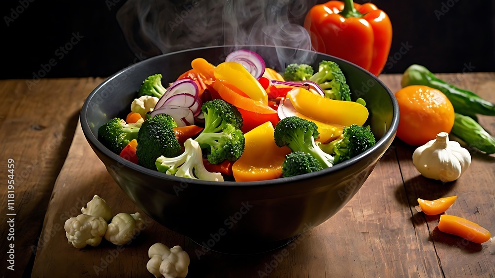 Fresh Steamed Vegetables in a Black Bowl on Wooden Table Fresh Steamed Vegetables in a Black Bowl on Wooden Table