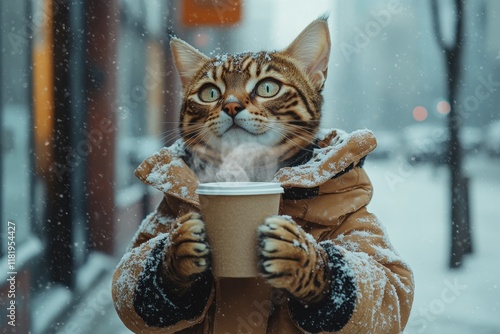 Social ad - Ð°nimal care. Problem of struggling animals. Sad cute adult cat savannah in winter warm clothes, holding hot tea with rising steam in paws. Kitten protection plan. Kitten snow warmer. photo