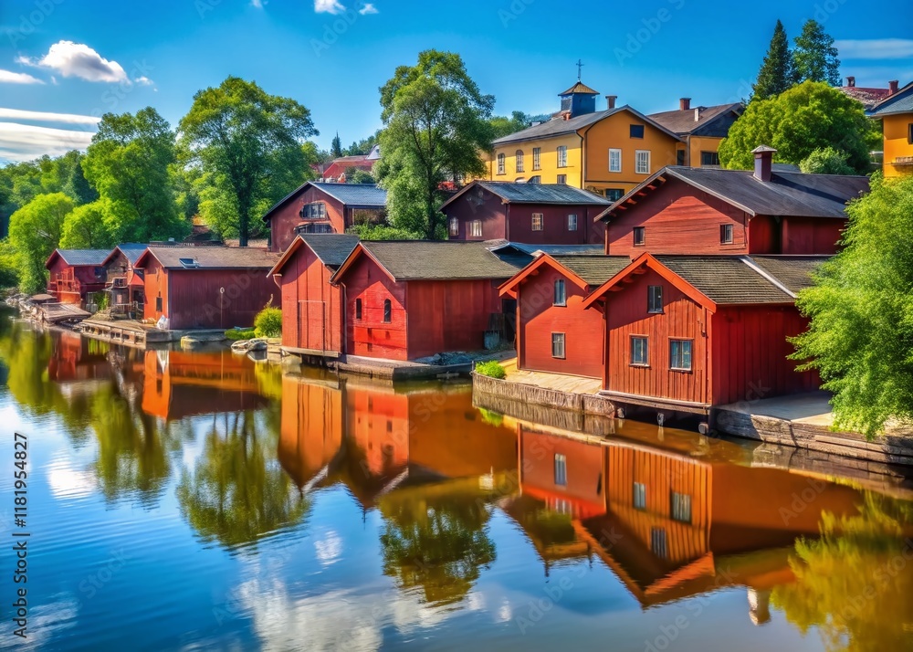Fototapeta premium Picturesque Old Red Wooden Houses on Porvoo River, Finland - Summer Day