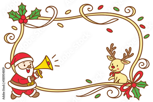 Christmas frame, golden ornate border, jingle bells, holly leaves, Santa Claus cartoon, reindeer cartoon, party horns, confetti, red bow, festive decorations, white background, cheerful holiday charac