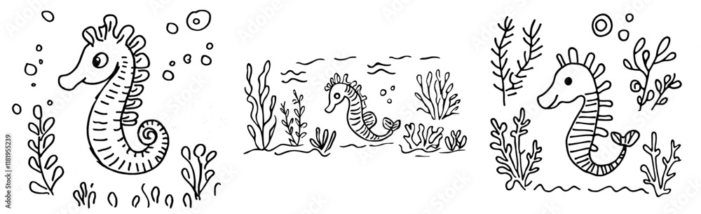 Fototapeta premium Seahorse exploring the underwater world in a black and white illustration designed for coloring books