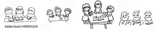 Friends enjoying a pop-up book together through a coloring illustration