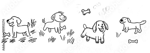 Coloring page for kids featuring a cute cartoon dog with a bone, along with farm animals, making it an educational game with modern illustrations