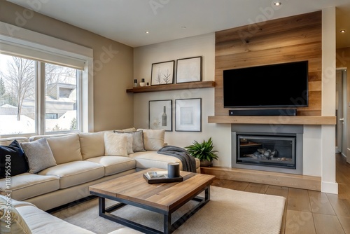 Cozy Interior: Barn Wood Table, Fireplace, and Sleek Corner Sofa in Minimalist Style
