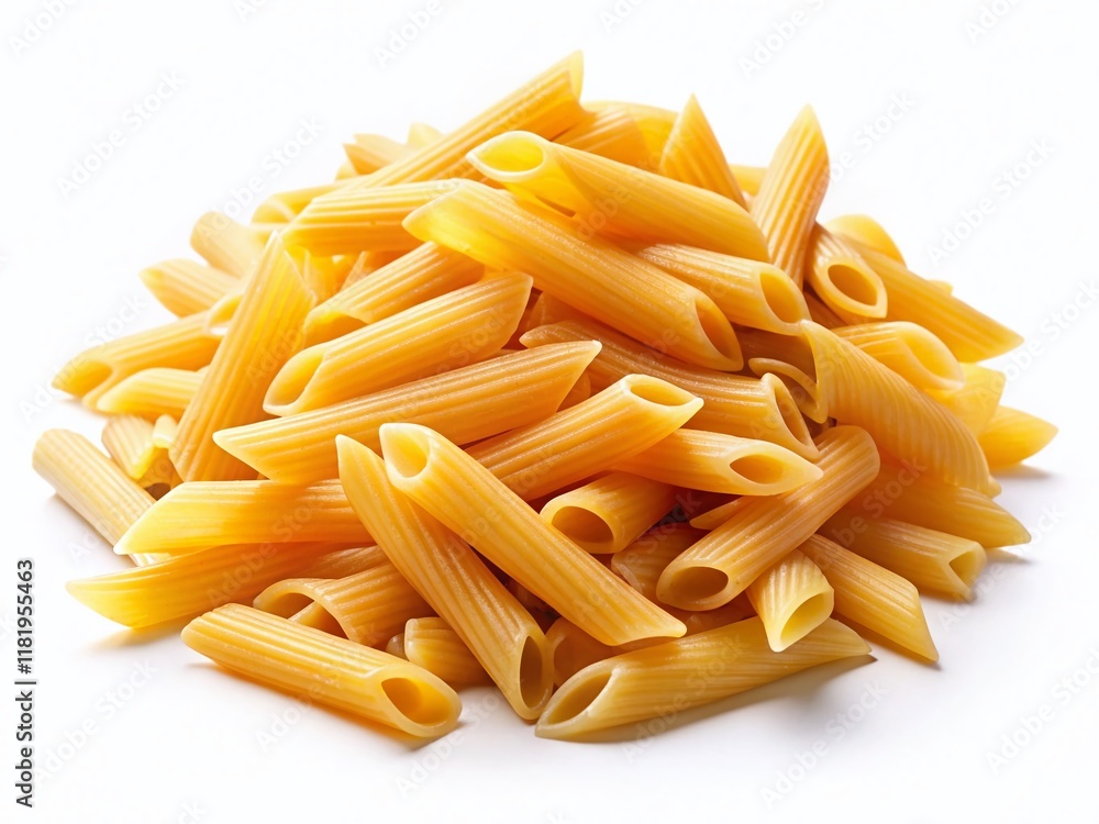 Pile of Penne Rigate Pasta, Isolated on White Background - Low Light Food Photography Pile of Penne Rigate Pasta, Isolated on White Background - Low Light Food Photography