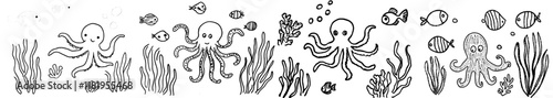 Stylized composition of an octopus, tropical fish, underwater seaweed, and corals. A freehand sketch for an adult anti-stress coloring book page featuring doodle and zentangle elements