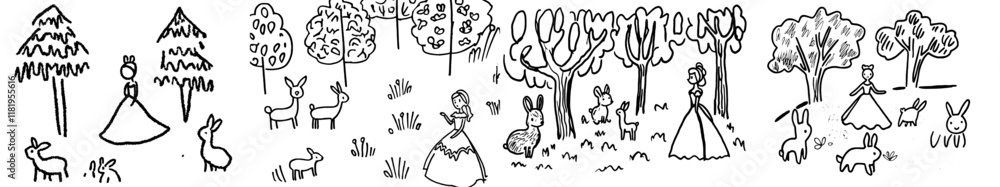 Snow White surrounded by animals in a wooded setting Snow White surrounded by animals in a wooded setting