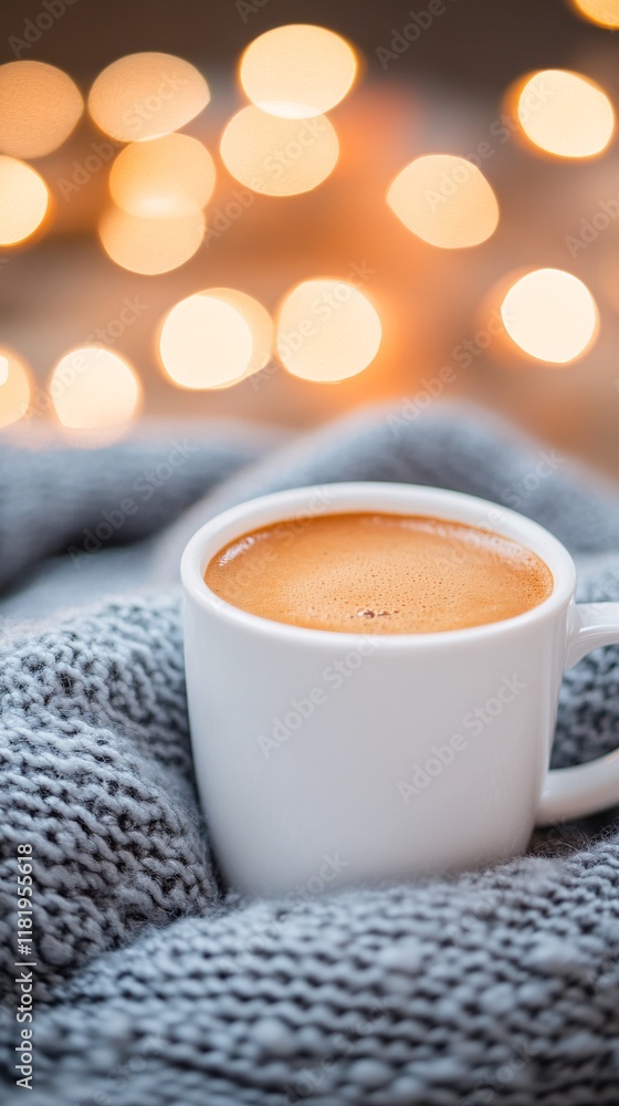 Coffee in white mug on a knitted blanket Coffee in white mug on a knitted blanket