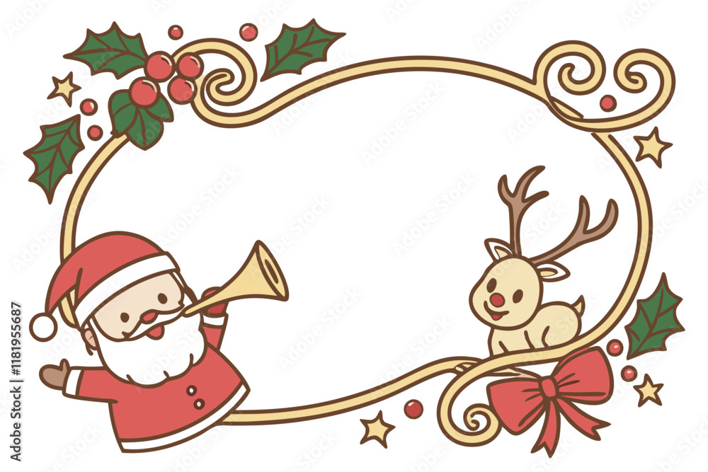 Christmas frame, golden ornate border, jingle bells, holly leaves, Santa Claus cartoon, reindeer cartoon, party horns, confetti, red bow, festive decorations, white background, cheerful holiday charac Christmas frame, golden ornate border, jingle bells, holly leaves, Santa Claus cartoon, reindeer cartoon, party horns, confetti, red bow, festive decorations, white background, cheerful holiday charac