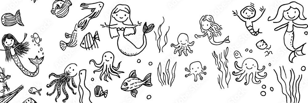 Ermaid examines herself in the mirror from a coloring book designed for children, with a modern cartoon illustration Ermaid examines herself in the mirror from a coloring book designed for children, with a modern cartoon illustration