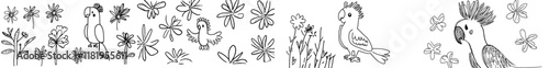 A coloring page featuring a cockatoo parrot perched on a tropical liana adorned with flowers. It's a freehand sketch designed for adult anti-stress coloring books, incorporating doodle and zentangle
