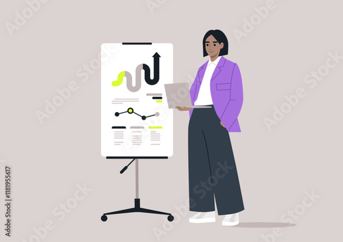 A professional character stands beside a flipchart displaying data trends while holding a laptop in a sleek workspace, the atmosphere embodies innovation and collaboration