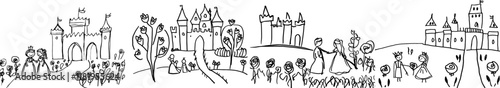 Cartoon scene featuring a loving couple, a prince and princess, with a castle in the background - illustration suited for children - also includes a coloring page