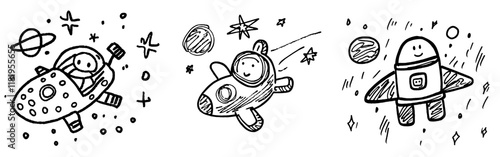 A modern cartoon illustration of a robot girl with a net in space, perfect for coloring books