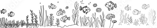 A coloring page showcasing an underwater world with clown fish set against the backdrop of a sunken ship, designed as a freehand sketch perfect for an adult anti-stress coloring book in zentangle