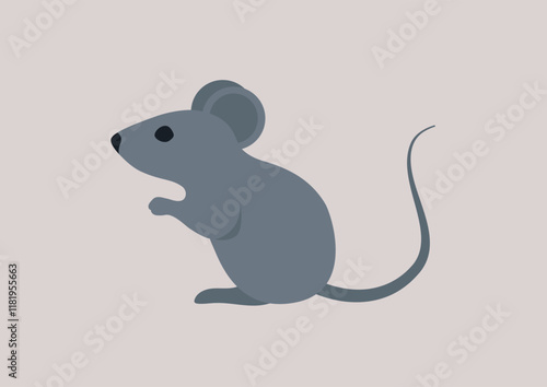 A grey mouse displaying its playful nature and curiosity, set against a gentle pastel backdrop that enhances its cute and charming appearance in a lively moment