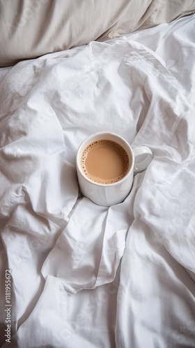a white mug with coffee in bed