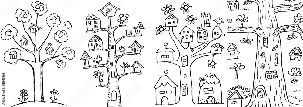 Obraz premium Hand-drawn picture of a small fantasy village nestled among the trees. Designed as an anti-stress coloring book sketch in zen-tangle style. Modern illustration for a coloring page, set against a