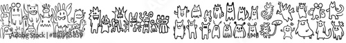 Funny monsters, with a cute monster pattern perfect for a coloring book, on a black and white background