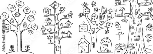 Hand-drawn picture of a small fantasy village nestled among the trees. Designed as an anti-stress coloring book sketch in zen-tangle style. Modern illustration for a coloring page, set against a