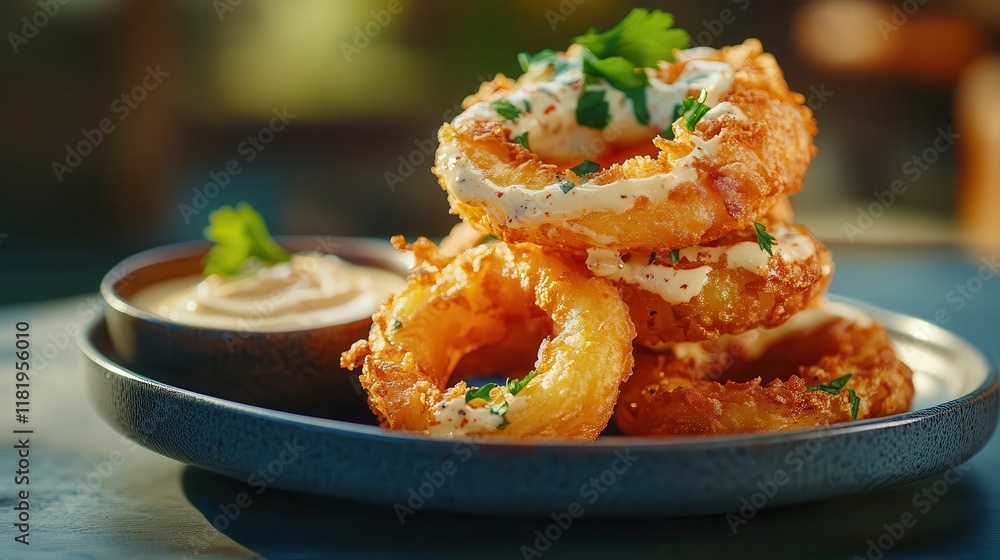 Crunchy golden onion rings paired with creamy dipping sauces on a textured plate Crunchy golden onion rings paired with creamy dipping sauces on a textured plate