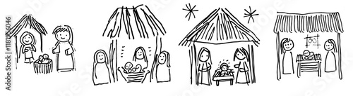 A Christmas nativity coloring scene cartoon featuring baby Jesus, Mary, and Joseph in the manger with a guiding star above