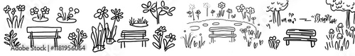 Coloring page for adults and kids, suitable for coloring books or bullet journals. It features a summer landscape with a bench, trees, leaves, flowers, and a lake. The scenery is in black and white