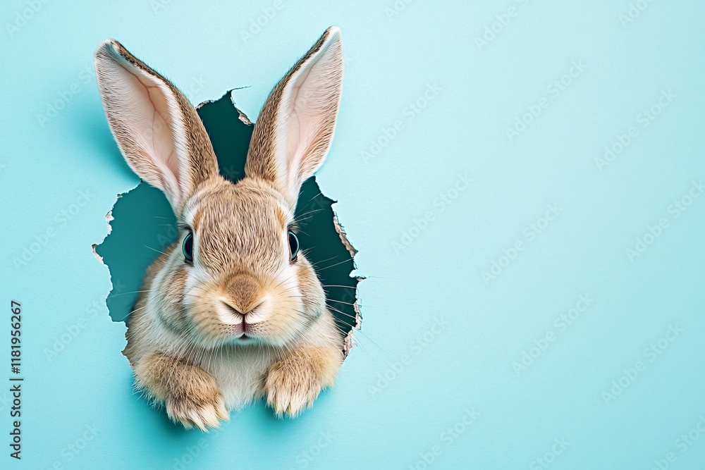 Obraz premium bunny peeking from the hole on pastel blue background
