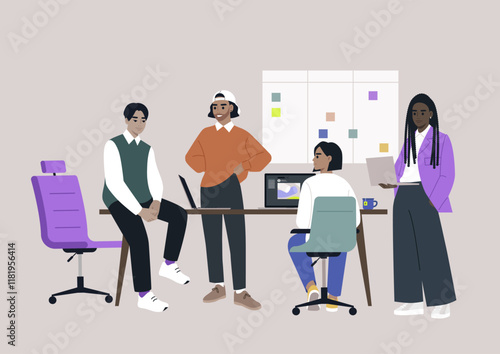 A group of colleagues gather in a contemporary office setting focused on teamwork and collaboration, sharing ideas while working on a project with a vibrant atmosphere