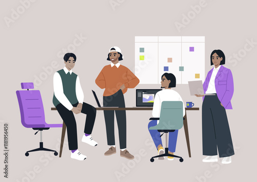 A group of colleagues gather in a contemporary office setting focused on teamwork and collaboration, sharing ideas while working on a project with a vibrant atmosphere