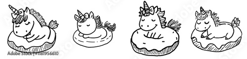 Modern, adorable unicorn cartoon munching on a donut, presented in black silhouette for easy coloring