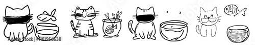 A modern cartoon of a little cat with a fish in a jar, perfect for a coloring book or page