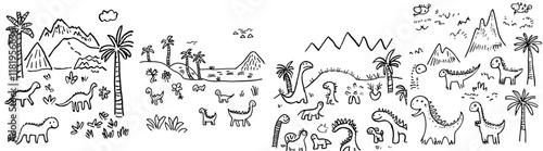 A cartoon of a cute dinosaur set against a prehistoric landscape, featuring a coloring outline of the scene