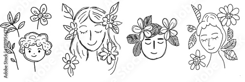 flower girl with hat, abstract digital illustration, incorporating hand-drawn elements, suitable for coloring page