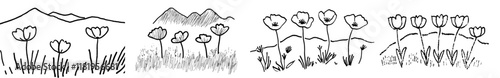 Outline the California poppy flower, also known as Eschscholzia, along with its leaf and bud in black against a white background, incorporating a field and sky