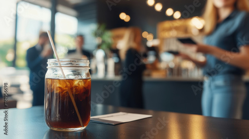 refreshing cold brew coffee in glass jar on table, with blurred cafe background