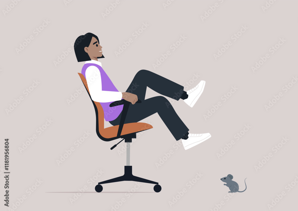 An office worker displays obvious fear and surprise as a small mouse appears on the floor, creating a comedic yet chaotic atmosphere in the workplace An office worker displays obvious fear and surprise as a small mouse appears on the floor, creating a comedic yet chaotic atmosphere in the workplace