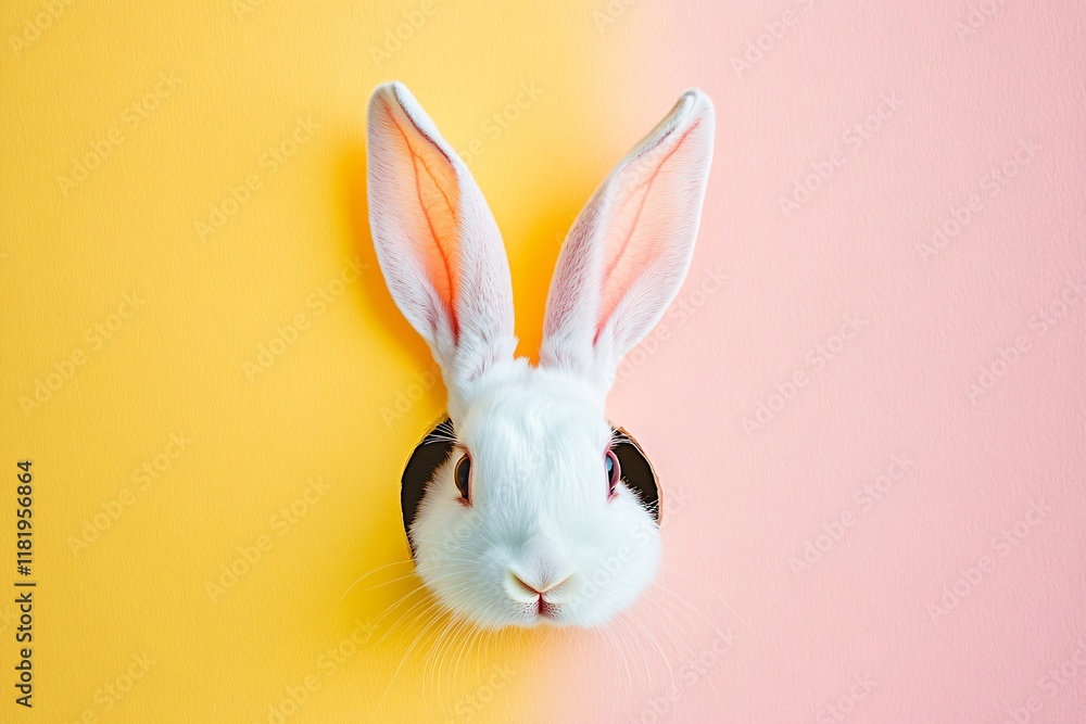 bunny peeking from the hole on yellow and pink background bunny peeking from the hole on yellow and pink background