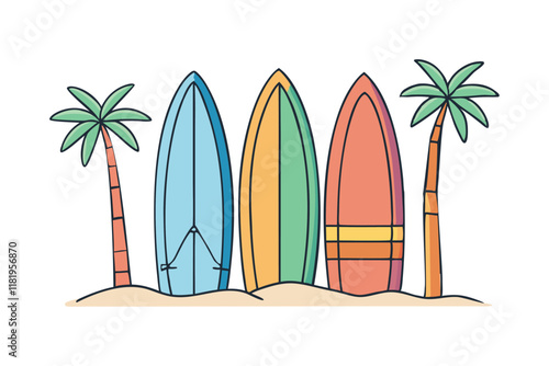 Surfboard vector art illustration, colorful boards lined up on the beach.eps