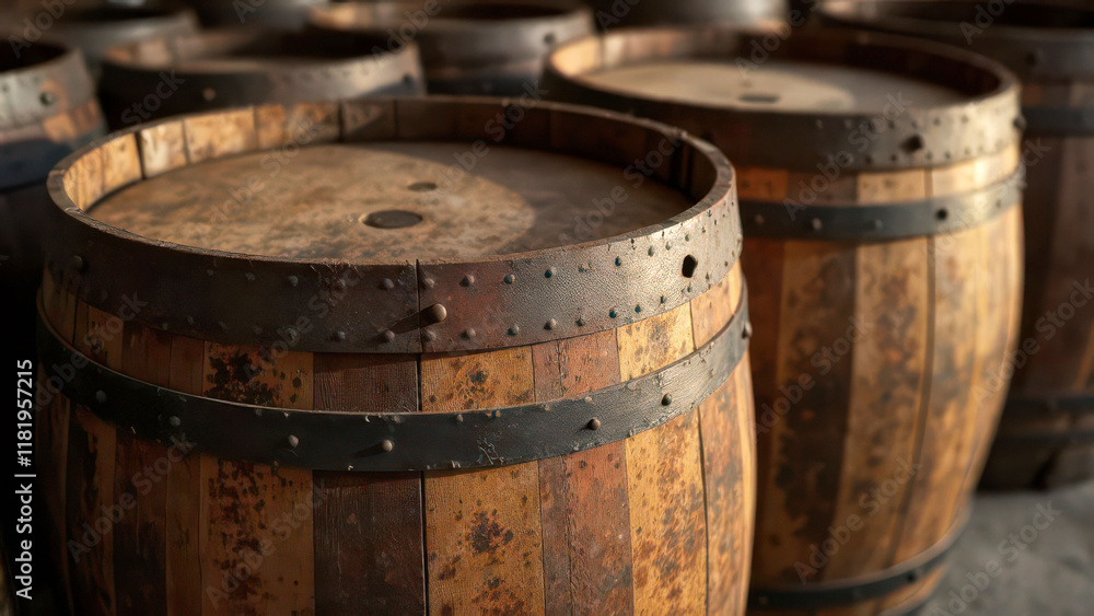 Rustic wooden wine barrels in distillery storage room Rustic wooden wine barrels in distillery storage room