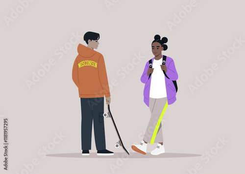 Teenagers enjoying a vibrant skatepark atmosphere while practicing tricks and sharing moments of friendship and excitement