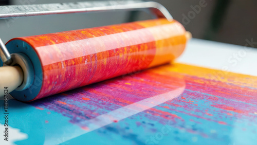 Vibrant ink roller painting on canvas with gradient colors